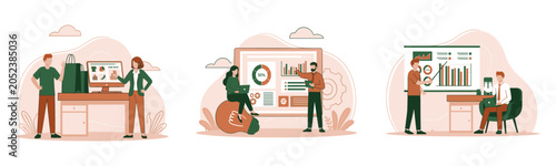 Professional data analysis and financial reporting flat vector illustrations with analysis business financial statistics marketing planning strategy presentation professional computer
