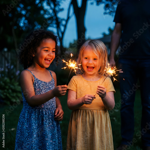 Two girls laughing holding sparklers fourth of july america evening