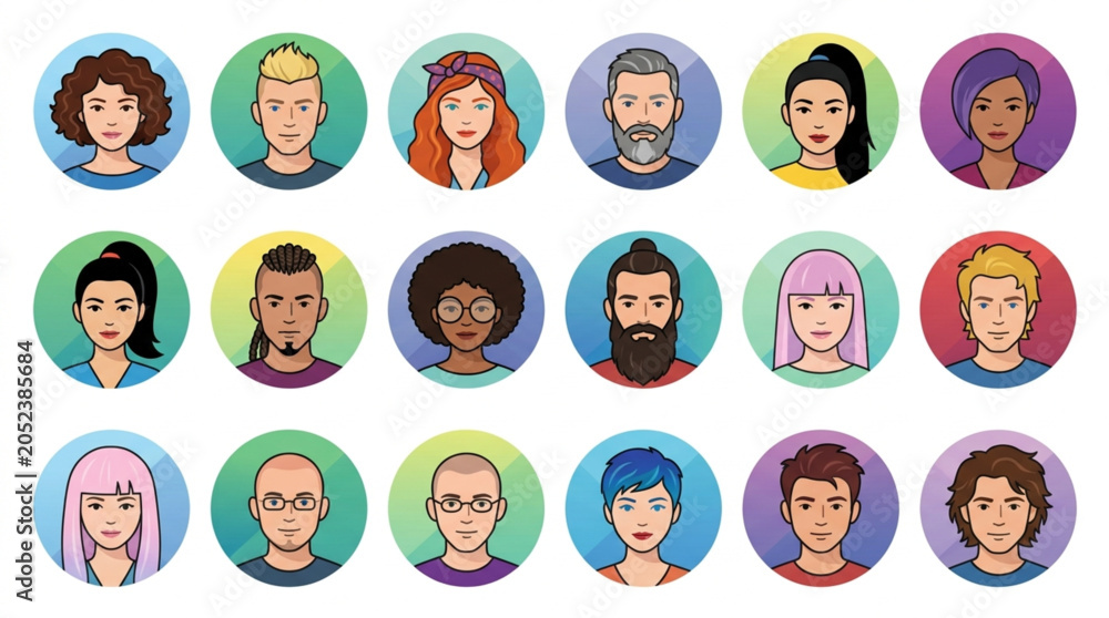 Fototapeta premium Diverse Group of People Avatars in Circles.