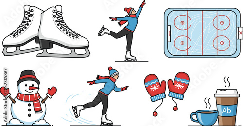 Canvastavla Winter Ice Skating Icon Set with Ice Skates, Figure Skaters, Hockey Rink, Snowma