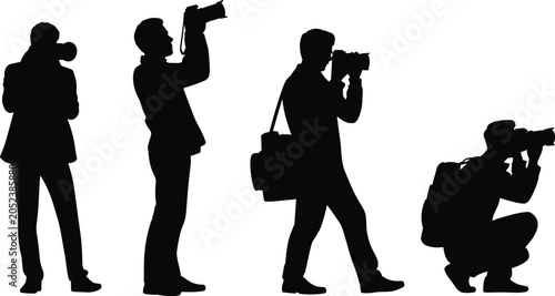 Professional male photographers taking photos, black paparazzi silhouettes holding cameras, media press icons isolated on white background