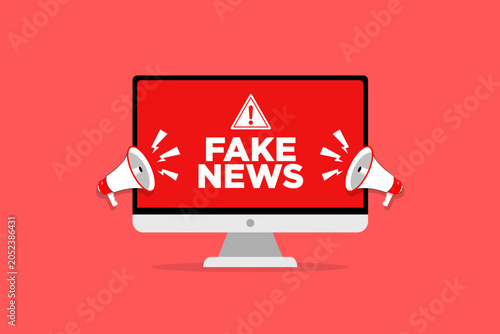 Fotografija Fake News Hoax Alert with Warning Sign and Megaphones on Desktop Monitor