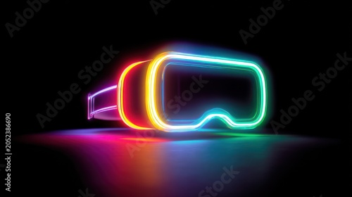Abstract neon vr headset glowing in multiple vibrant colors on black background