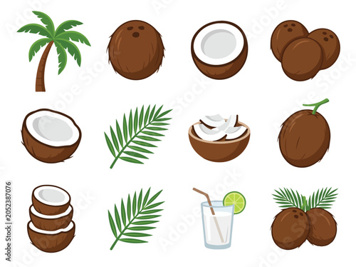 Tropical coconuts flat vector icons