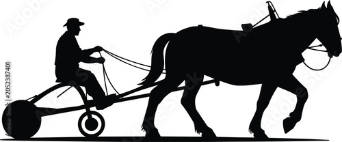 Foto Silhouette of a horse pulling a sulky with a driver wearing a hat, side view, re