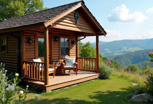Wooden cabin with porch and two chairs overlooking a scenic mountain landscape, surrounded by greenery and flowers in a tranquil outdoor setting