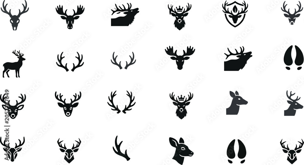 Naklejka premium Graphic icon set of deer heads antlers and footprints with footprints wildlife silhouette isolated collection minimalist illustration creature