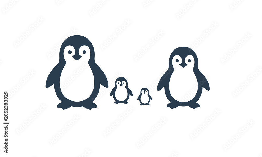 Fototapeta premium Family of penguins icon illustration for winter themes with wildlife illustration silhouette background flightless together protection community