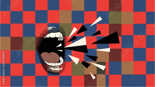 Photography A screaming face explodes with geometric shapes on a colorful checkered backgrou