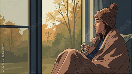 Schilderij op canvas Woman sitting by window with cup on autumn day indoors
