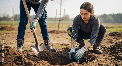 Female landscape worker planting trees, gently placing green sapling into freshly dug earth. Team member assists with shovel, preparing soil for new growth.