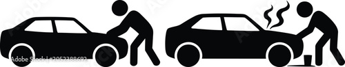 Fotografía Two men pushing broken down cars on the road