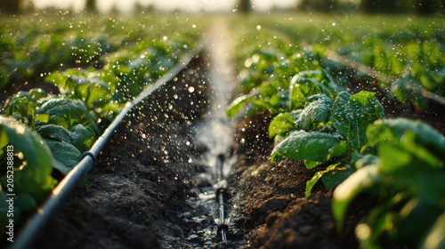 Automated drip irrigation system spraying water droplets over young green vegetable plants in field at sunset
