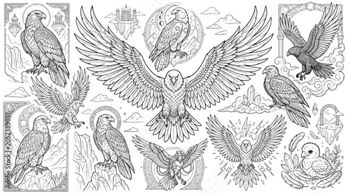 Bild auf Leinwand Intricate eagle line art collection, mystical bird of prey vector set, celestial