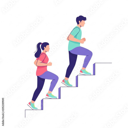 Young man and woman running up stairs in a modern style illustration  