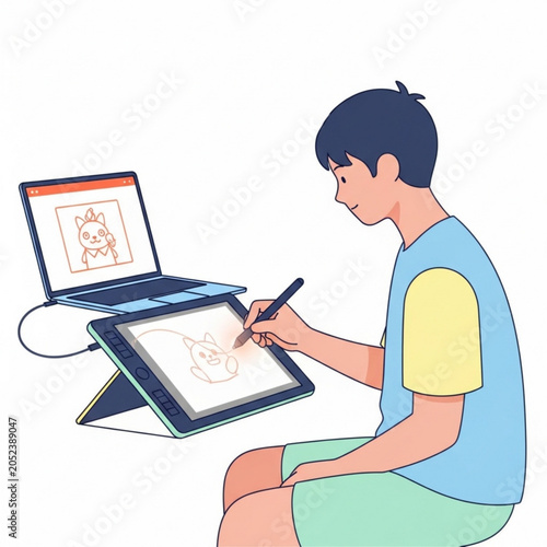 Young boy drawing on digital tablet while sitting at desk  