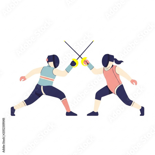 Two young female fencers competing with swords in sports attire  