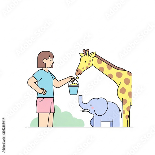 Young girl feeding giraffe and elephant in a playful outdoor setting  