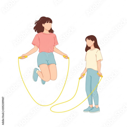 Two young girls jumping rope together in a fun indoor setting  