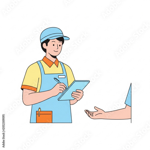 Young male worker taking order with tablet in uniform at café  