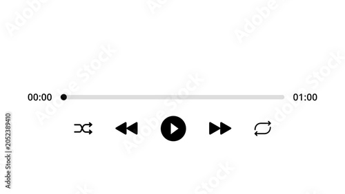 Vector illustration of a horizontal audio player control bar featuring shuffle, rewind, circular play button, fast forward, repeat icons, and a one-minute progress slider.