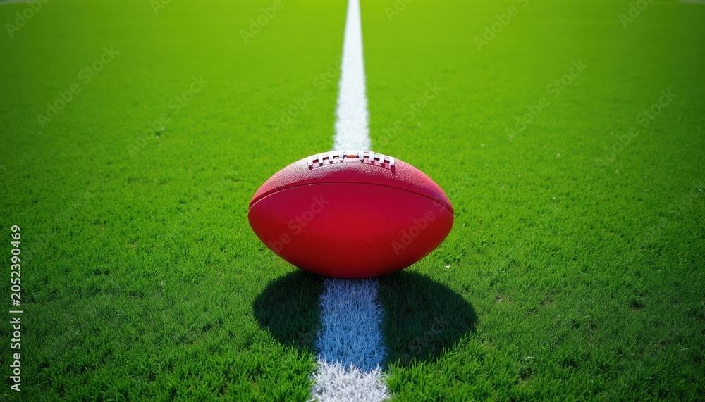 Naklejka premium Red Australian Rules football rests on pristine green grass field white line. Sport game object ready for match play. Active recreation outdoors on stadium.