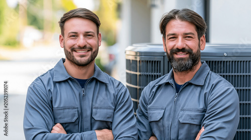 Retrato de dos técnicos profesionales de HVAC sonriendo junto a una unidad de aire acondicionado exterior