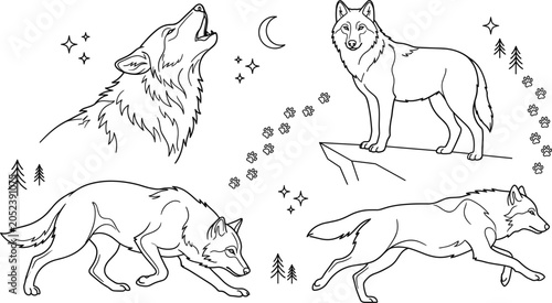 Tableau sur toile Wild wolf animal vector bundle featuring minimalist black line art outline howli