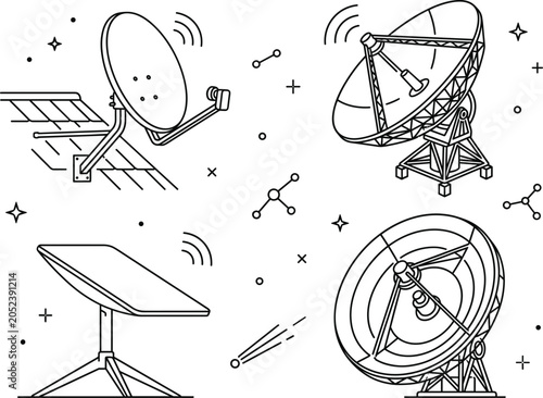 Bild auf Leinwand Satellite dish communication vector bundle featuring minimalist black line art o
