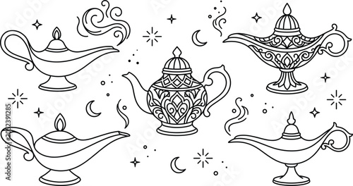 Fotografía Aladdin magic oil lamp vector bundle featuring minimalist black line art outline