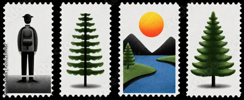 Panel kuchenny z motywem Hand drawn mountain hiking design featuring pine trees rivers backpacks and sun badges.