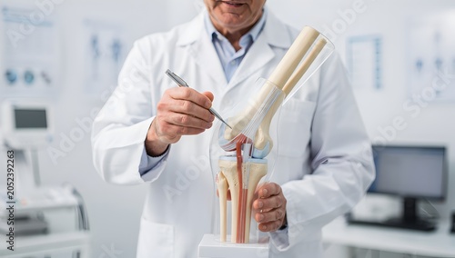 Close-up teaching scene of a cruciate ligament injury with orthopedist explaining repair options