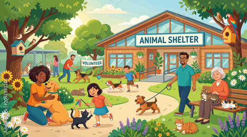 Fotografi Diverse people volunteering at animal shelter, adopting pets, dogs, cats, birds, sunny day