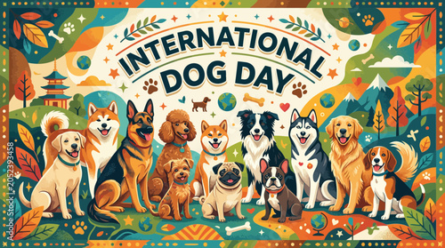 Konstfotografi International Dog Day Celebration with Diverse Dog Breeds and Festive Background