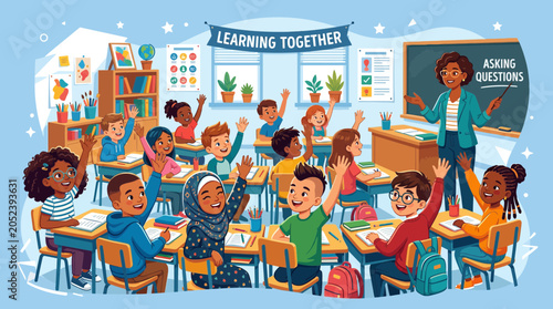 Photography Diverse students raising hands in classroom, eager to learn and ask questions