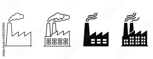 Fotografie Four different factory building icons with smoke coming out of chimneys industri