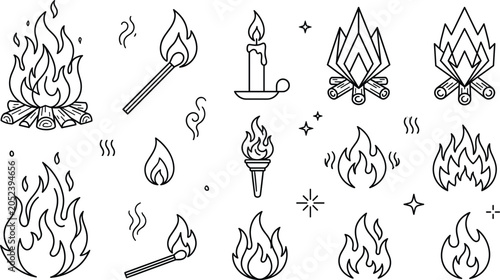 Tableau sur toile Fire flame and campfire vector bundle featuring minimalist black line art outlin