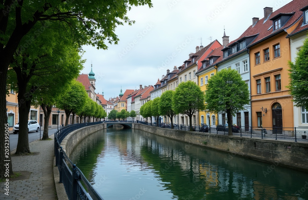 Obraz premium Canal waterway reflects colorful historic buildings lining a cobblestone street. Rich green trees shade a European old town with ancient architecture under a cloudy sky.