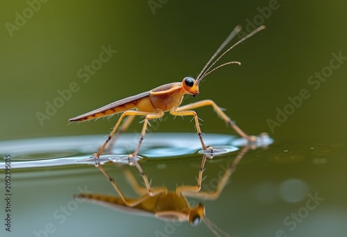 Close-up of a yellow-brown insect walking on the surface of water, showcasing fine details of its body and reflection in a blurred green background