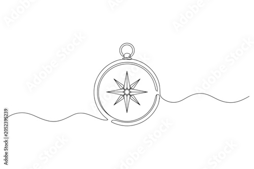 Continuous single line drawing of vintage navigation compass with navigation direction exploration adventure minimalist illustration continuous nautical orientation discovery wayfinding