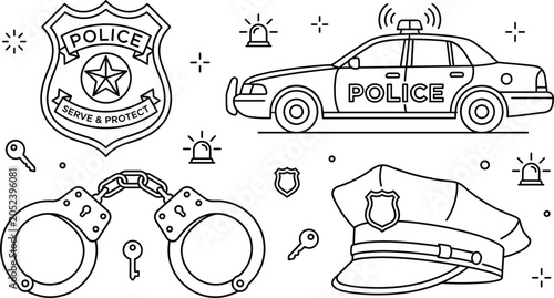 Schilderij op canvas Police law enforcement icon vector bundle featuring minimalist black line art ou