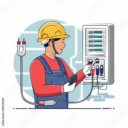 Electrician working on electrical panel with tools