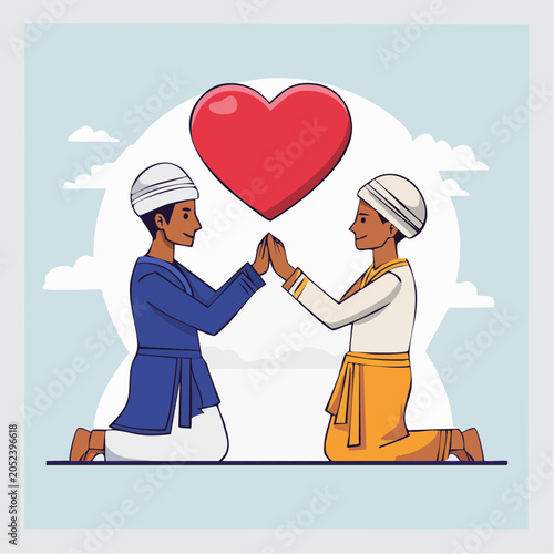 Two men in traditional attire holding hands under a heart symbol