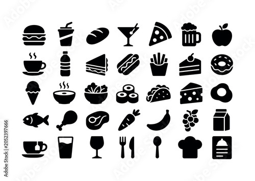 Food Drink Menu. Solid glyph icon set of food and drink: burger, soda cup, bread loaf, cocktail glass, pizza slice, beer mug, apple, coffee cup, water bottle, sandwich, hot dog, fries, cake, donut,