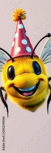 Yellow bee with a big smile wearing a party hat, illustration, celebration