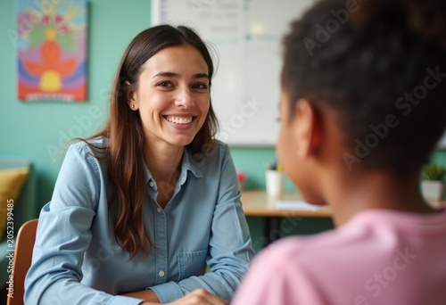 Young psychologist with long brown hair wearing a blue shirt engages in conversation with a girl in a pink shirt inside a bright classroom setting. School psychologist