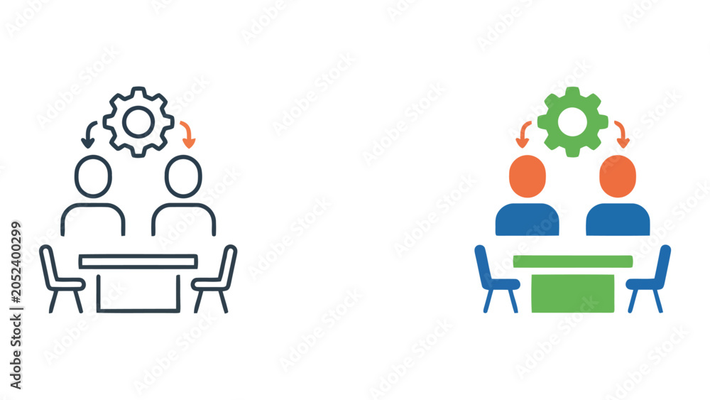 Fototapeta premium Business people sitting around table with gear icon and downward arrows representing workflow management and operational analysis as vector illustration set