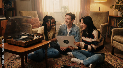 Laughing friends hold vinyl record near retro turntable in cozy living room