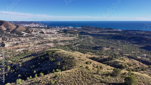 Aerial hills overlooking sea and skyline, sunlit scrubland and rolling ridges, scattered pine clusters,