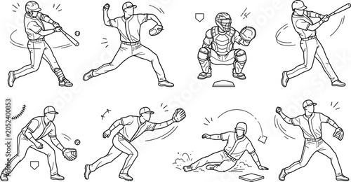Fotografie Baseball player sport vector bundle featuring minimalist black line art outline
